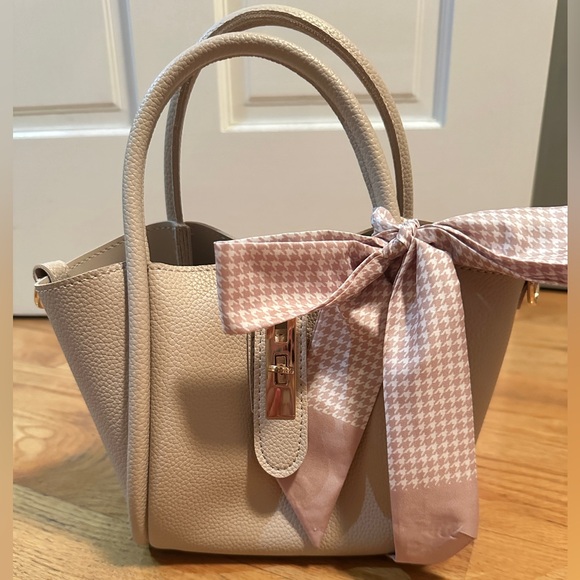 None Handbags - Women's Small Tote Bag in Light Beige with Pink Scarf Accent